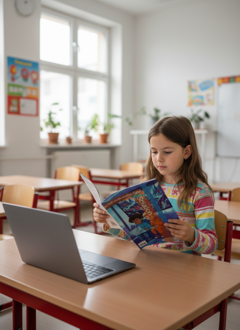 Kind mit Scratch-Buch in der Schule